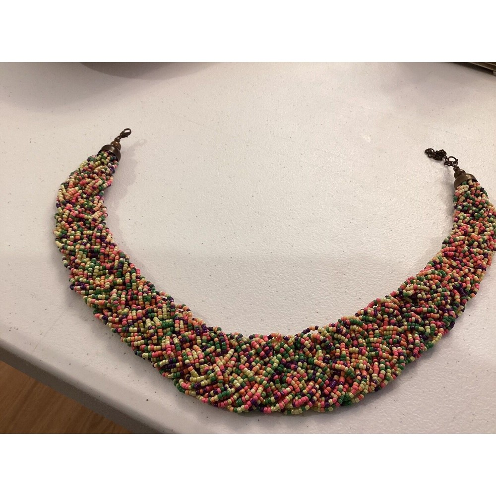Vintage Interwoven Beaded Flat Bib Necklace Spring Colors Nine Inch Boho Hippie